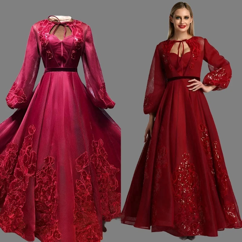 KIMLUD, Wine Red Long Sleeve Sexy Evening Dresses 2023 Handmade Flowers Sequined Tulle Long Evening Gowns Serene Hill BLA60810, KIMLUD Womens Clothes