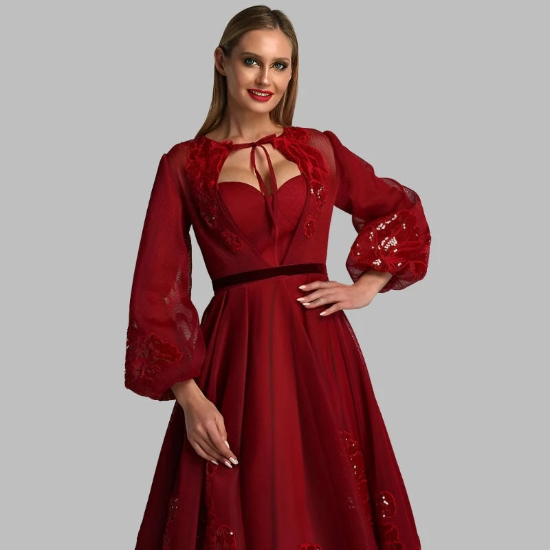 KIMLUD, Wine Red Long Sleeve Sexy Evening Dresses 2023 Handmade Flowers Sequined Tulle Long Evening Gowns Serene Hill BLA60810, KIMLUD Womens Clothes