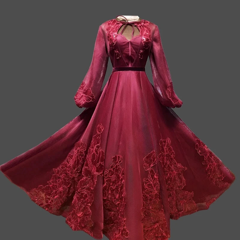 KIMLUD, Wine Red Long Sleeve Sexy Evening Dresses 2023 Handmade Flowers Sequined Tulle Long Evening Gowns Serene Hill BLA60810, KIMLUD Womens Clothes