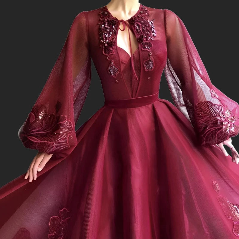 KIMLUD, Wine Red Long Sleeve Sexy Evening Dresses 2023 Handmade Flowers Sequined Tulle Long Evening Gowns Serene Hill BLA60810, wine red / 2, KIMLUD APPAREL - Womens Clothes