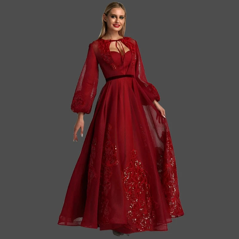 KIMLUD, Wine Red Long Sleeve Sexy Evening Dresses 2023 Handmade Flowers Sequined Tulle Long Evening Gowns Serene Hill BLA60810, KIMLUD Womens Clothes