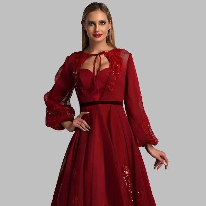 KIMLUD, Wine Red Long Sleeve Sexy Evening Dresses 2023 Handmade Flowers Sequined Tulle Long Evening Gowns Serene Hill BLA60810, KIMLUD Womens Clothes