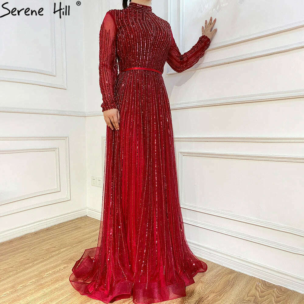 KIMLUD, Wine Red Muslim Luxury Evening Dresses Gowns 2023 A-Line Sparkle Beading For Women Party BLA70991 Serene Hill, KIMLUD Womens Clothes