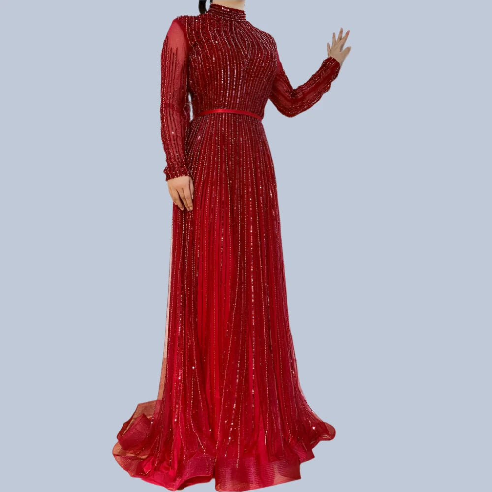 KIMLUD, Wine Red Muslim Luxury Evening Dresses Gowns 2023 A-Line Sparkle Beading For Women Party BLA70991 Serene Hill, KIMLUD Womens Clothes