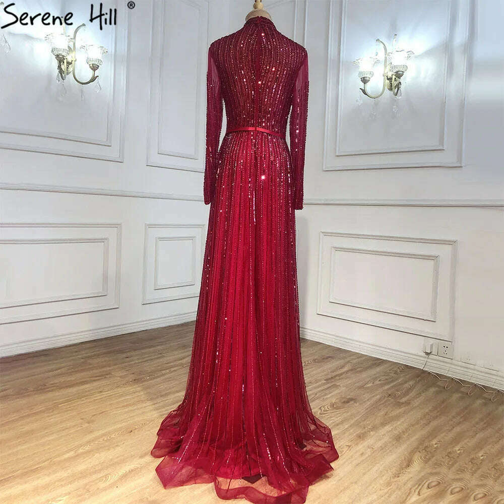 KIMLUD, Wine Red Muslim Luxury Evening Dresses Gowns 2023 A-Line Sparkle Beading For Women Party BLA70991 Serene Hill, KIMLUD Womens Clothes
