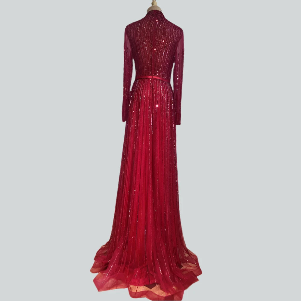 KIMLUD, Wine Red Muslim Luxury Evening Dresses Gowns 2023 A-Line Sparkle Beading For Women Party BLA70991 Serene Hill, KIMLUD Womens Clothes