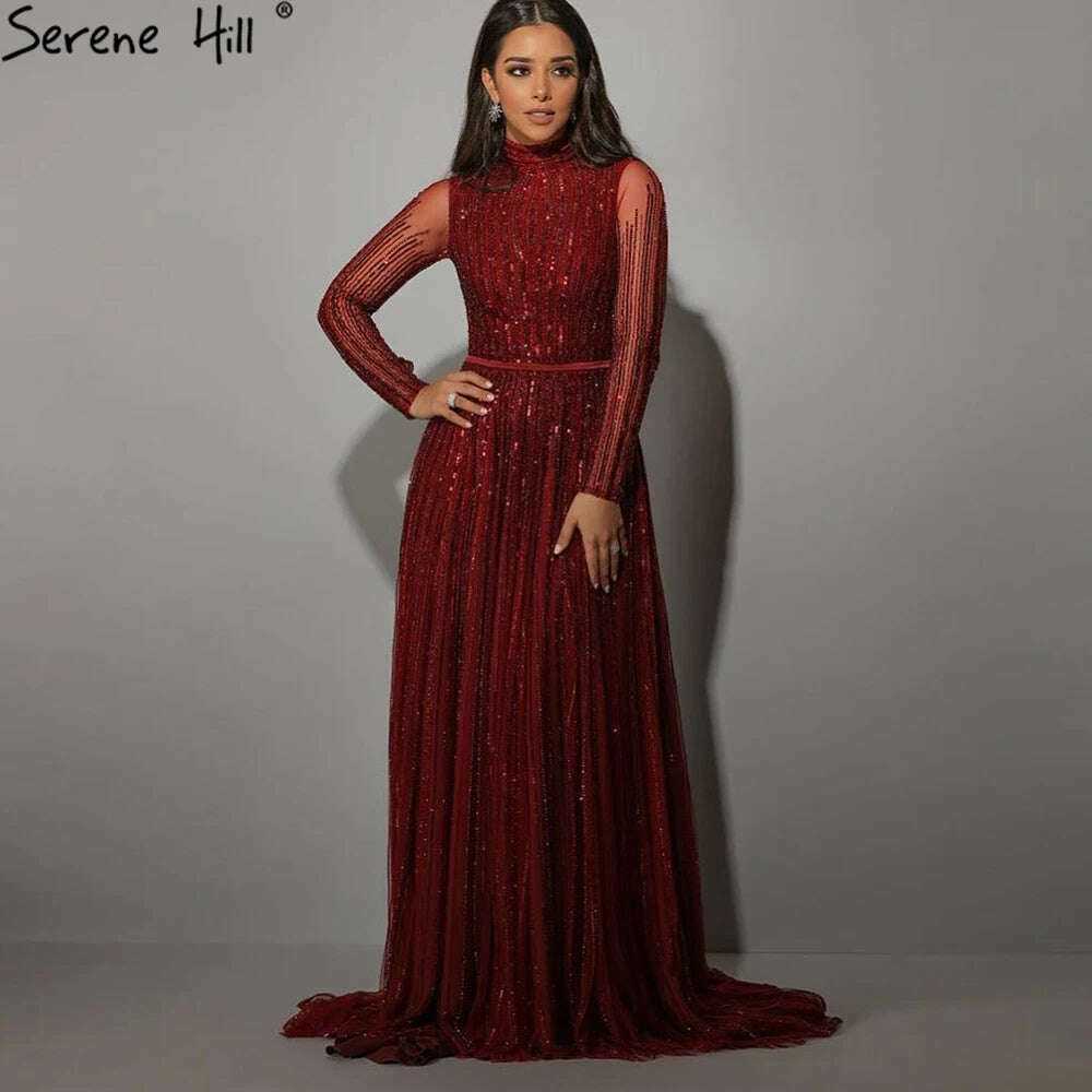 KIMLUD, Wine Red Muslim Luxury Evening Dresses Gowns 2023 A-Line Sparkle Beading For Women Party BLA70991 Serene Hill, wine red / 16W, KIMLUD Women's Clothes