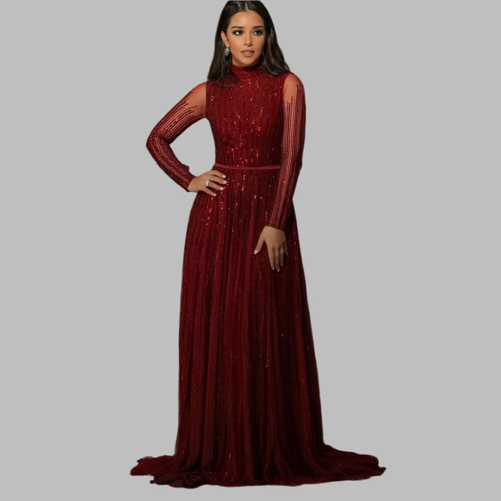 KIMLUD, Wine Red Muslim Luxury Evening Dresses Gowns 2023 A-Line Sparkle Beading For Women Party BLA70991 Serene Hill, wine red / 16W, KIMLUD APPAREL - Womens Clothes