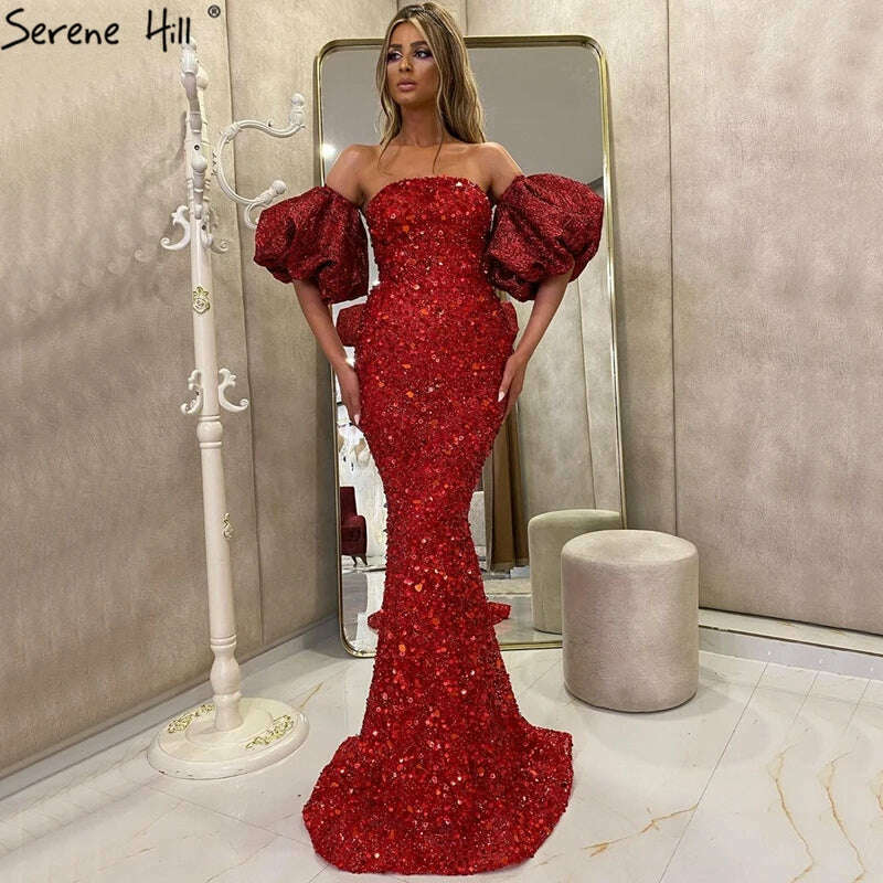 KIMLUD, Wine Red Off shoulder Mermaid Sparkly Sexy Evening Dresses 2023 Short Puff Sleeves Diamond Formal Dress Serene Hill BLA70630, KIMLUD Womens Clothes