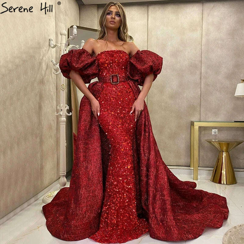 KIMLUD, Wine Red Off shoulder Mermaid Sparkly Sexy Evening Dresses 2023 Short Puff Sleeves Diamond Formal Dress Serene Hill BLA70630, KIMLUD Womens Clothes