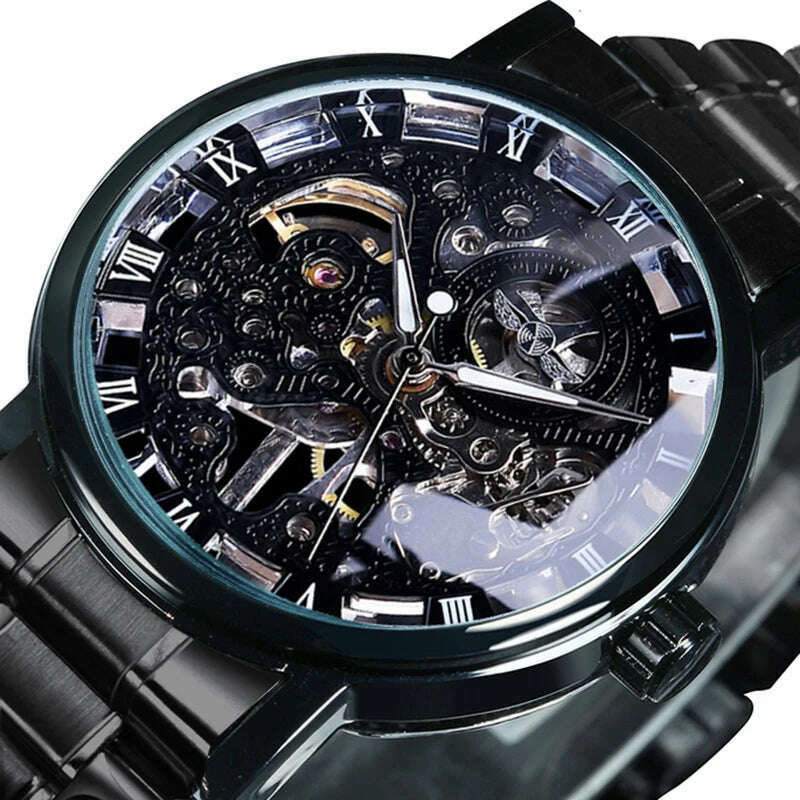 WINNER Official Casual Skeleton Mechanical Watch For Men Steel Strap Roman Number Business Mens Watches Top Brand Luxury Clock - KIMLUD