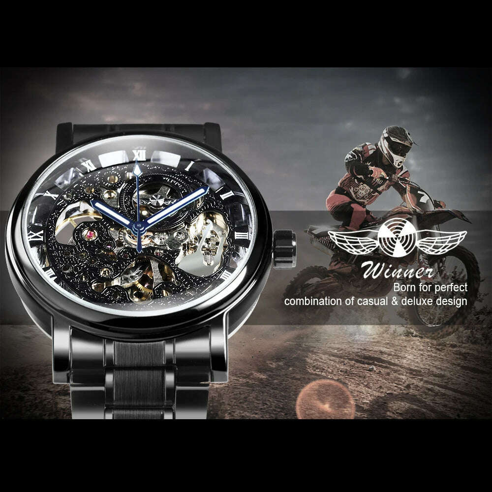 WINNER Official Casual Skeleton Mechanical Watch For Men Steel Strap Roman Number Business Mens Watches Top Brand Luxury Clock - KIMLUD