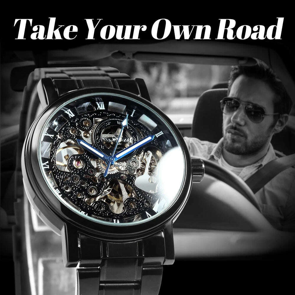 WINNER Official Casual Skeleton Mechanical Watch For Men Steel Strap Roman Number Business Mens Watches Top Brand Luxury Clock - KIMLUD