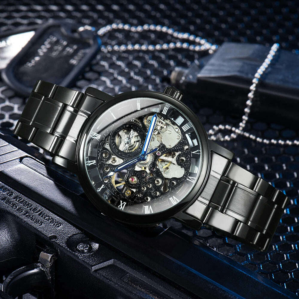 WINNER Official Casual Skeleton Mechanical Watch For Men Steel Strap Roman Number Business Mens Watches Top Brand Luxury Clock - KIMLUD
