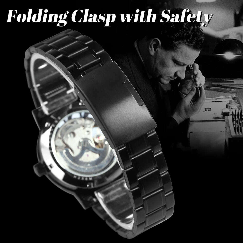 WINNER Official Casual Skeleton Mechanical Watch For Men Steel Strap Roman Number Business Mens Watches Top Brand Luxury Clock - KIMLUD