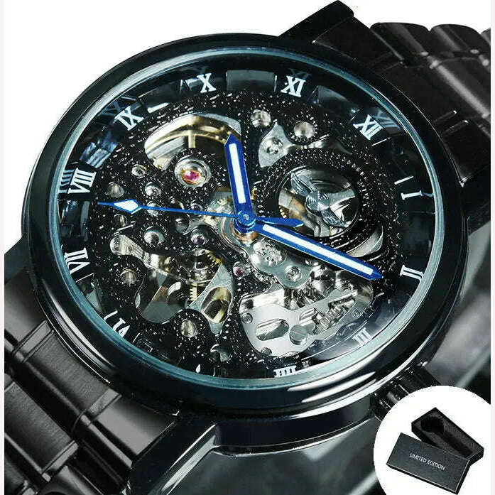 KIMLUD, WINNER Official Casual Skeleton Mechanical Watch For Men Steel Strap Roman Number Business Mens Watches Top Brand Luxury Clock, BO BLACK BLUE. / CHINA, KIMLUD Womens Clothes