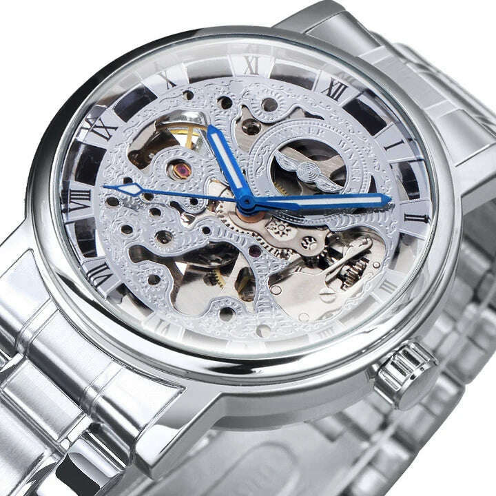 WINNER Official Casual Skeleton Mechanical Watch For Men Steel Strap Roman Number Business Mens Watches Top Brand Luxury Clock - KIMLUD