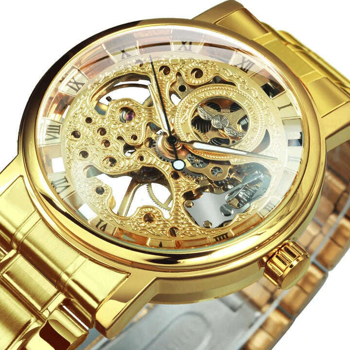 KIMLUD, WINNER Official Casual Skeleton Mechanical Watch For Men Steel Strap Roman Number Business Mens Watches Top Brand Luxury Clock, GOLDEN. / CHINA, KIMLUD Womens Clothes