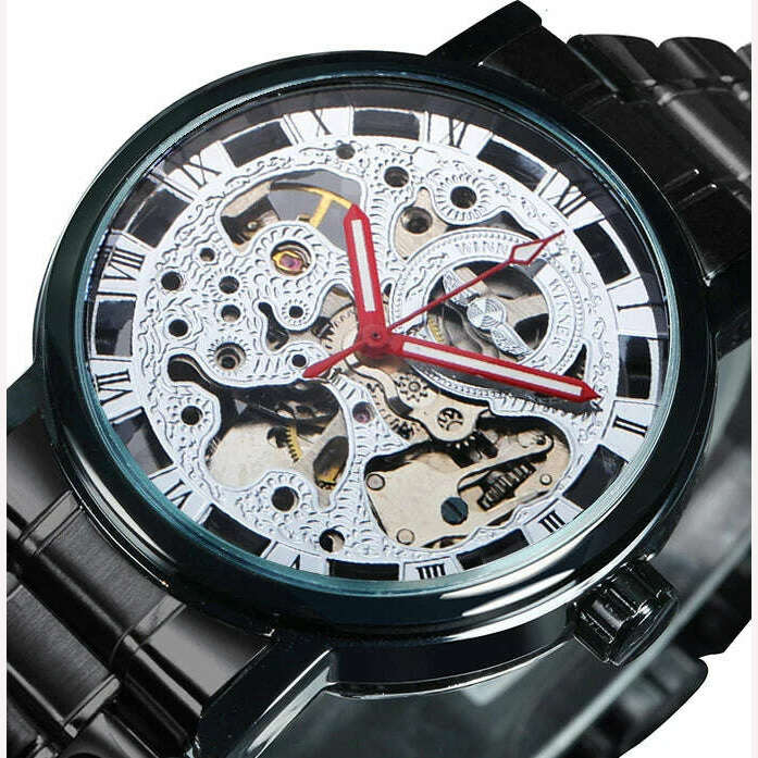 KIMLUD, WINNER Official Casual Skeleton Mechanical Watch For Men Steel Strap Roman Number Business Mens Watches Top Brand Luxury Clock, BLACK RED. / CHINA, KIMLUD Womens Clothes