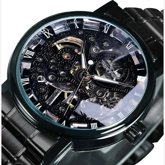 WINNER Official Casual Skeleton Mechanical Watch For Men Steel Strap Roman Number Business Mens Watches Top Brand Luxury Clock - KIMLUD