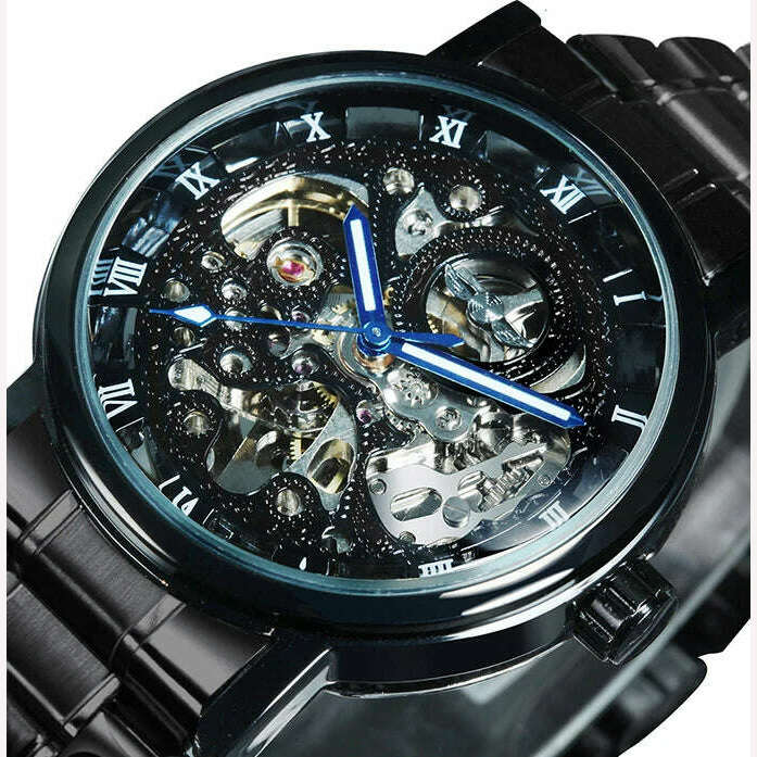 KIMLUD, WINNER Official Casual Skeleton Mechanical Watch For Men Steel Strap Roman Number Business Mens Watches Top Brand Luxury Clock, BLACK BLUE. / CHINA, KIMLUD Womens Clothes