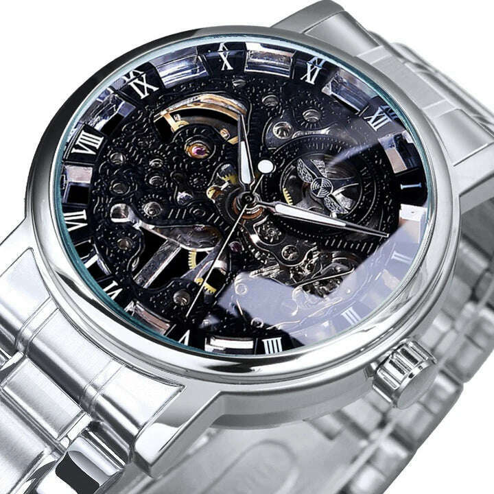 WINNER Official Casual Skeleton Mechanical Watch For Men Steel Strap Roman Number Business Mens Watches Top Brand Luxury Clock - KIMLUD