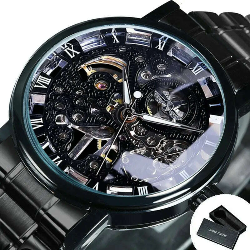 KIMLUD, WINNER Official Casual Skeleton Mechanical Watch For Men Steel Strap Roman Number Business Mens Watches Top Brand Luxury Clock, BO BLACK BLACK. / CHINA, KIMLUD Womens Clothes