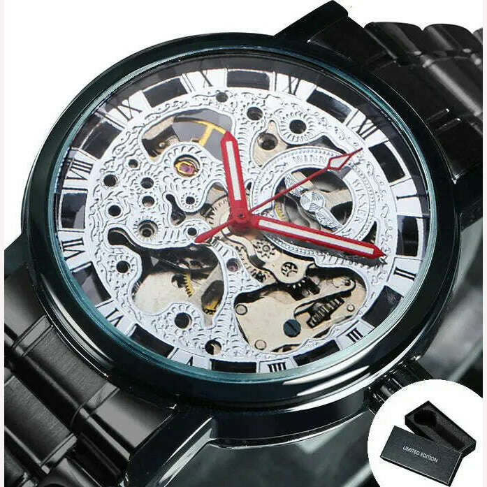 KIMLUD, WINNER Official Casual Skeleton Mechanical Watch For Men Steel Strap Roman Number Business Mens Watches Top Brand Luxury Clock, BO BLACK RED. / CHINA, KIMLUD Womens Clothes