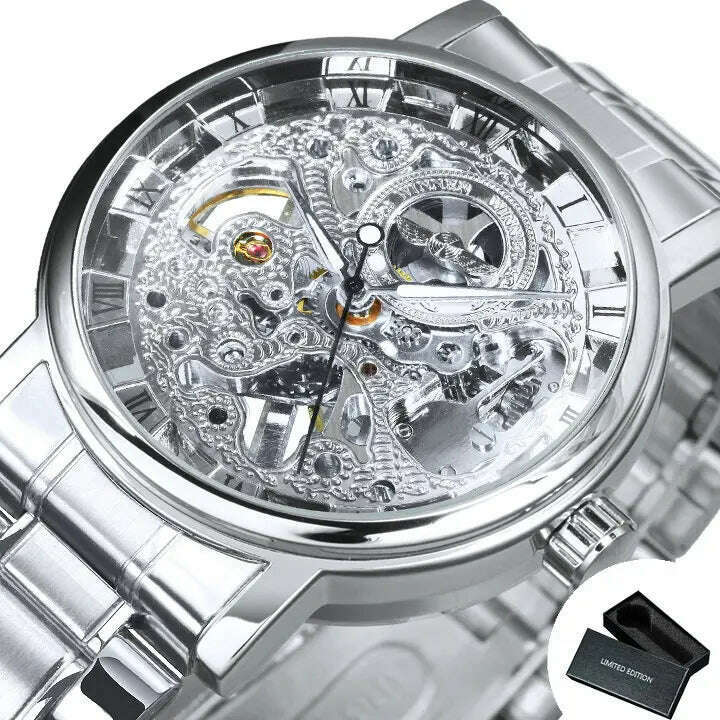 WINNER Official Casual Skeleton Mechanical Watch For Men Steel Strap Roman Number Business Mens Watches Top Brand Luxury Clock - KIMLUD