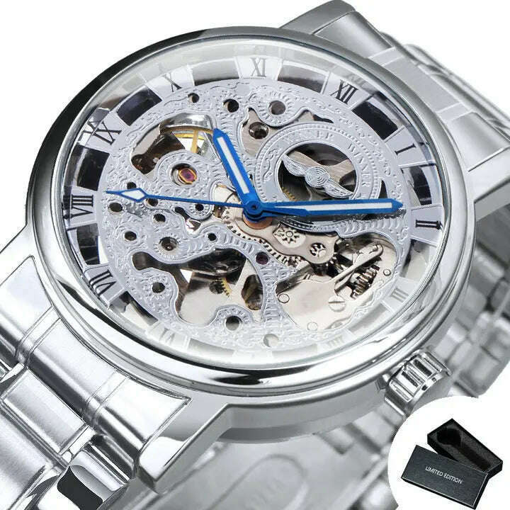 WINNER Official Casual Skeleton Mechanical Watch For Men Steel Strap Roman Number Business Mens Watches Top Brand Luxury Clock - KIMLUD