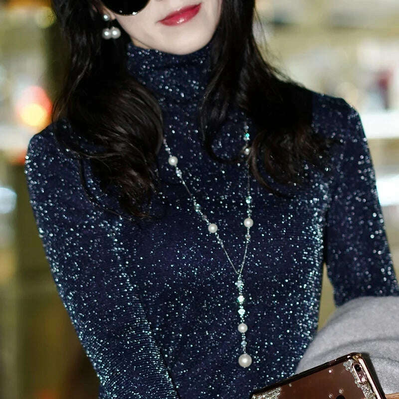 Winter Autumn Thick Warm Women Elegant Lace Blouses Shirts Lady Casual Long Sleeve Turtleneck Collar Lace Blusas Tops DF2013 - KIMLUD