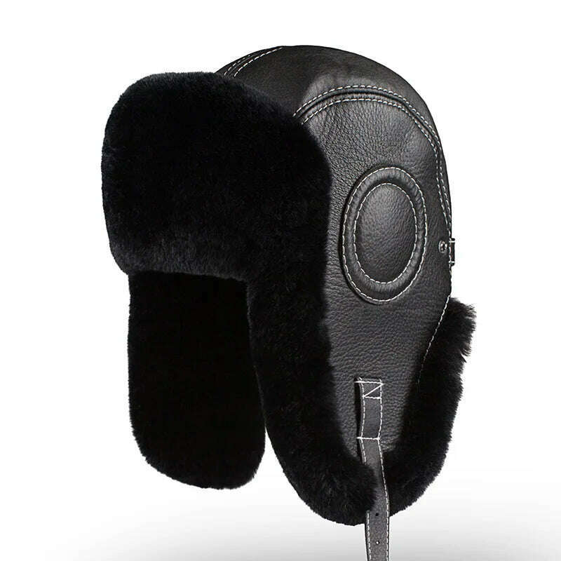 KIMLUD, Winter Bomber Hats Rex Rabbit Fur Earflap Russian Ushanka Men Trapper Aviator Pilot Hat Real Leather Fur Snow Caps, black / 55-56cm, KIMLUD Womens Clothes
