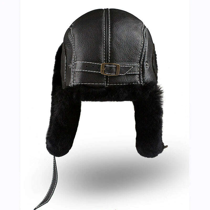 KIMLUD, Winter Bomber Hats Rex Rabbit Fur Earflap Russian Ushanka Men Trapper Aviator Pilot Hat Real Leather Fur Snow Caps, KIMLUD Womens Clothes