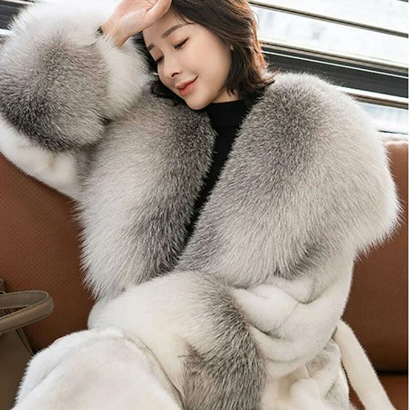 KIMLUD, Winter Coat with Fox Fur Mink Collar Coats Women New Faux Fur Coat Large Fur Collar White Black Long Coat, KIMLUD Womens Clothes