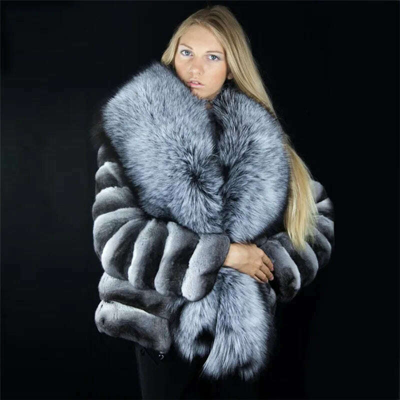 KIMLUD, Winter Coat Women Real Chinchilla Rex Rabbit Fur Jacket With Big Silver Fox Fur Collar Natural Pelt Genuine Rex Rabbit Fur Coats, KIMLUD Women's Clothes