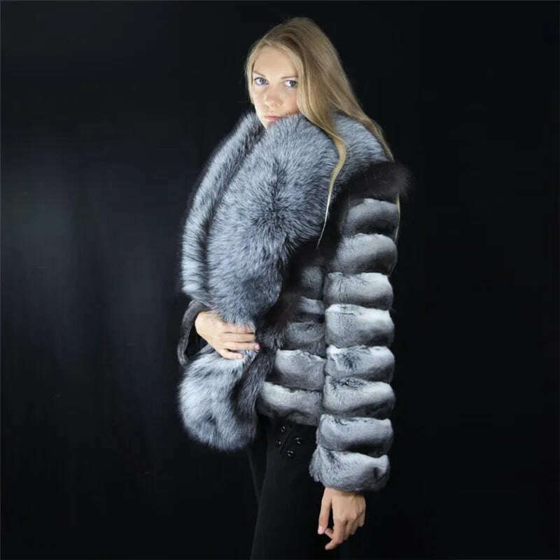 KIMLUD, Winter Coat Women Real Chinchilla Rex Rabbit Fur Jacket With Big Silver Fox Fur Collar Natural Pelt Genuine Rex Rabbit Fur Coats, as picture / S bust 88cm, KIMLUD Womens Clothes