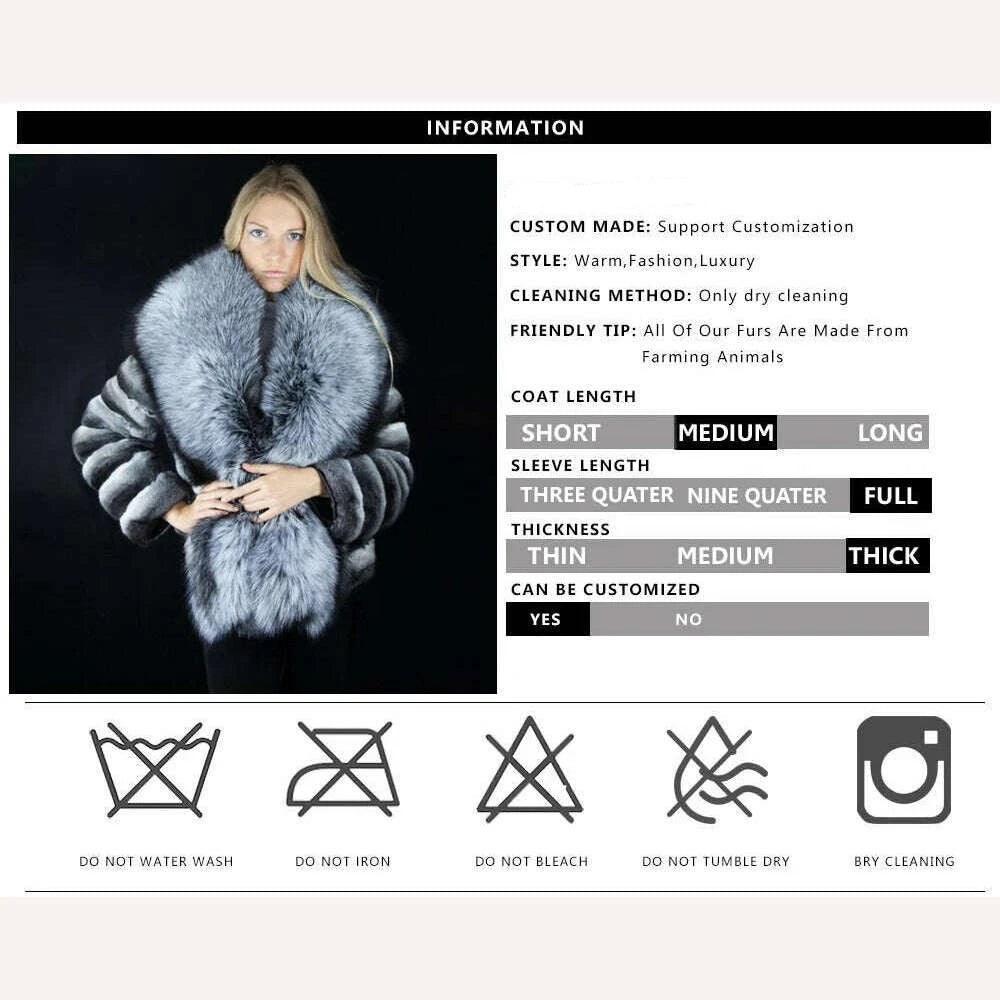 KIMLUD, Winter Coat Women Real Chinchilla Rex Rabbit Fur Jacket With Big Silver Fox Fur Collar Natural Pelt Genuine Rex Rabbit Fur Coats, KIMLUD Women's Clothes