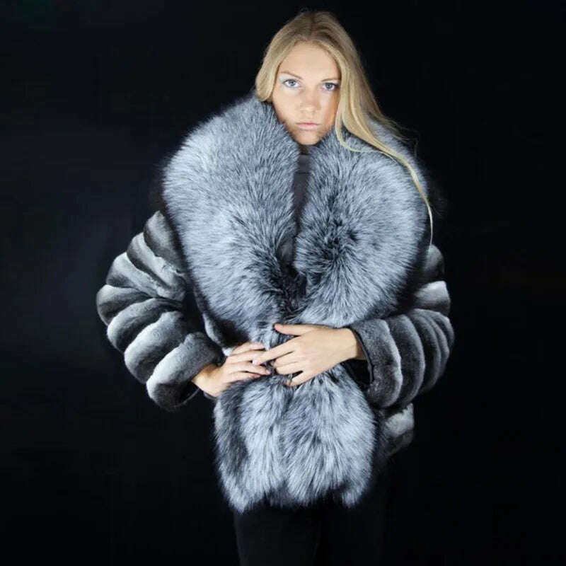 KIMLUD, Winter Coat Women Real Chinchilla Rex Rabbit Fur Jacket With Big Silver Fox Fur Collar Natural Pelt Genuine Rex Rabbit Fur Coats, KIMLUD Womens Clothes