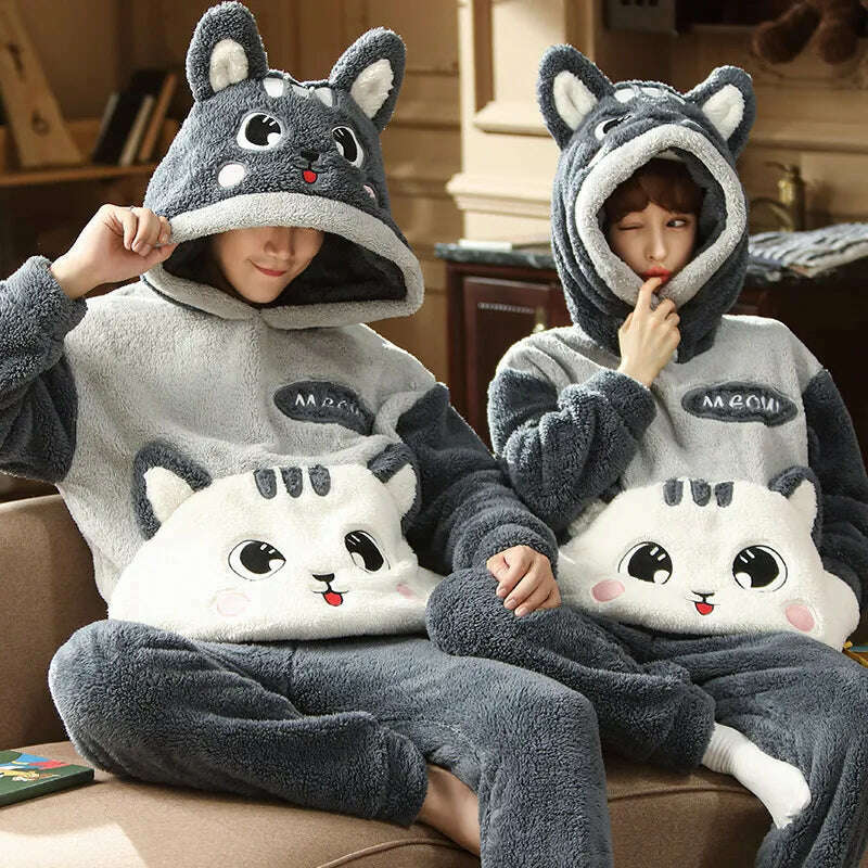 KIMLUD, Winter Couples Pajama Sets Women Men Pyjamas Hoodies Sleepwear Thicken Soft Warm Cartoon Cat Lovely Lovers Pijamas Suit, A / WOMEN-M, KIMLUD Womens Clothes