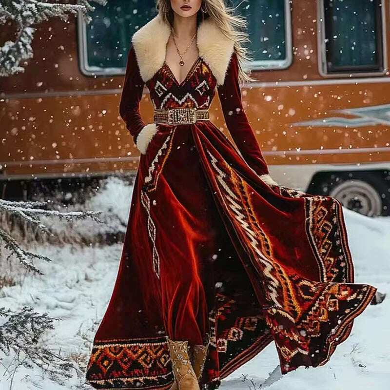 Gold Velvet Boho Long Party Dress