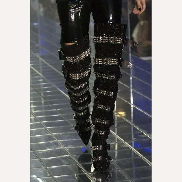 KIMLUD, Winter Fashion Design Solid Color Hot Diamond Ghost Head Heel Rivet Pointed Over The Knee Boots High Heel Women's Shoes, KIMLUD Womens Clothes