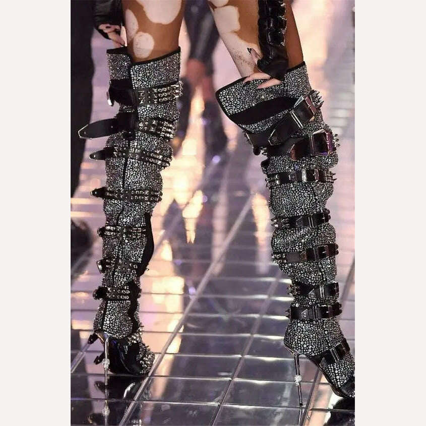 KIMLUD, Winter Fashion Design Solid Color Hot Diamond Ghost Head Heel Rivet Pointed Over The Knee Boots High Heel Women's Shoes, KIMLUD Womens Clothes