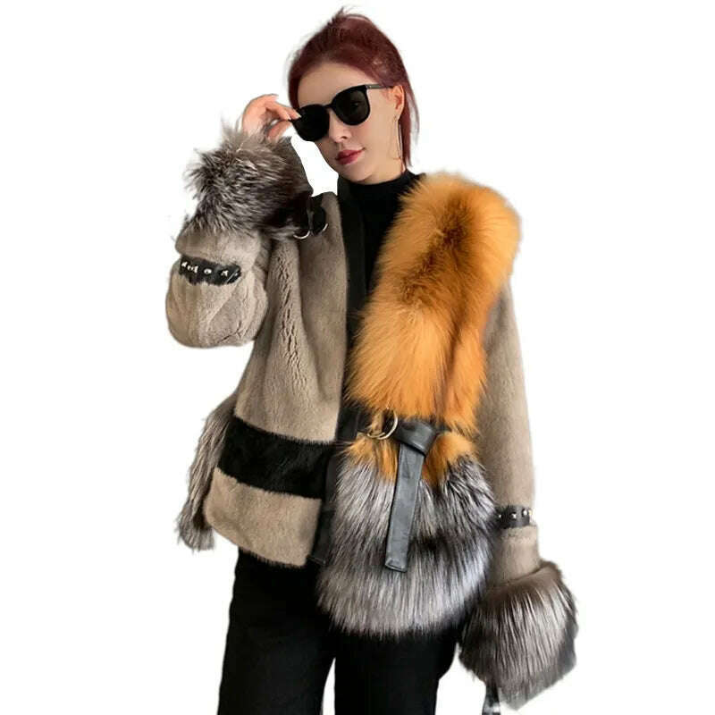 KIMLUD, Winter Fashion Lady Real Mink Fur Coat With Luxury Silver Fox Fur On The Bottom Natural Red Saga Fox Fur Coats, KIMLUD Womens Clothes