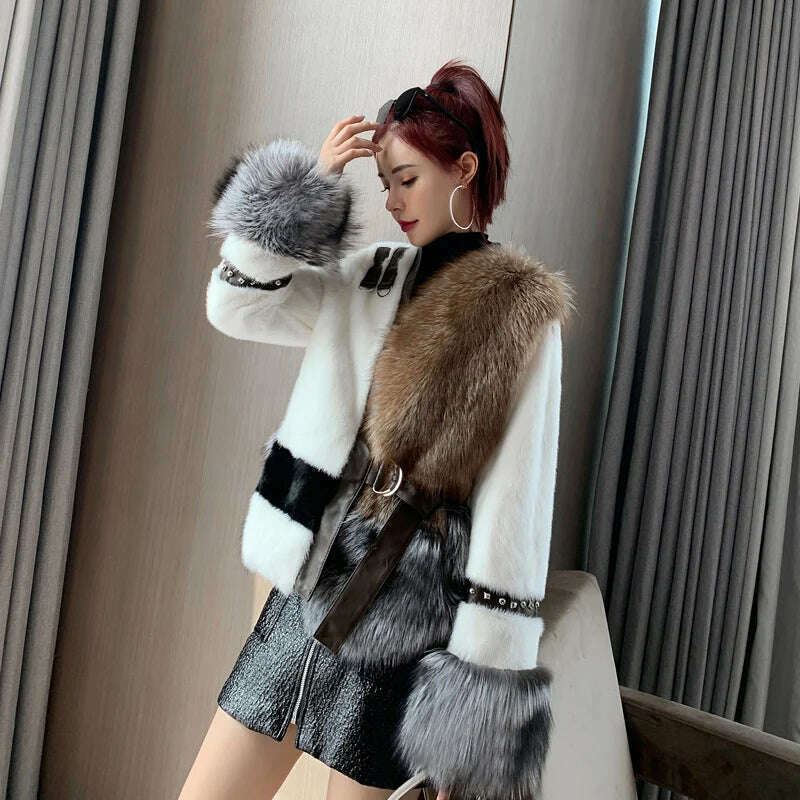 KIMLUD, Winter Fashion Lady Real Mink Fur Coat With Luxury Silver Fox Fur On The Bottom Natural Red Saga Fox Fur Coats, White 1 / XS bust 90 cm / CHINA, KIMLUD Women's Clothes