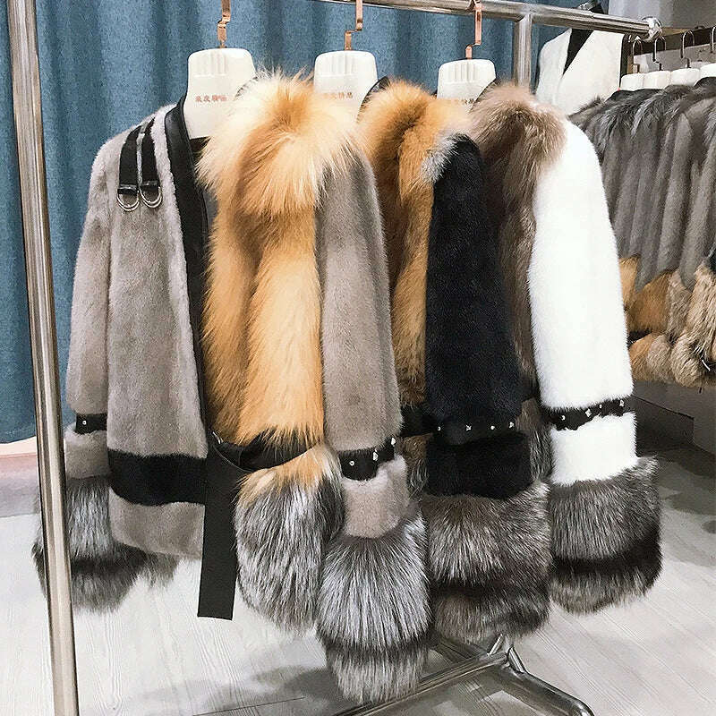 KIMLUD, Winter Fashion Lady Real Mink Fur Coat With Luxury Silver Fox Fur On The Bottom Natural Red Saga Fox Fur Coats, Black / XS bust 90 cm / CHINA, KIMLUD Womens Clothes