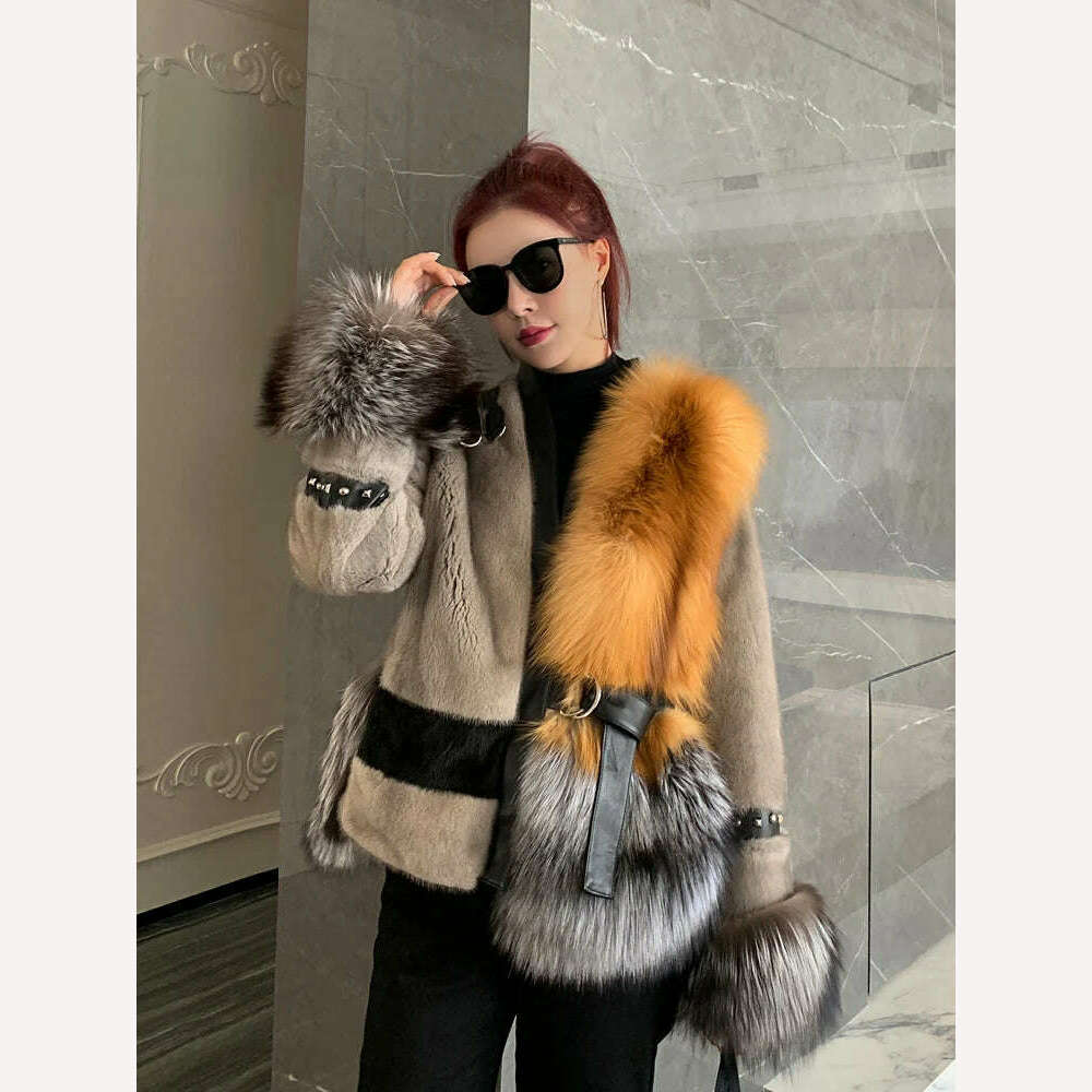 KIMLUD, Winter Fashion Lady Real Mink Fur Coat With Luxury Silver Fox Fur On The Bottom Natural Red Saga Fox Fur Coats, Grey / XS bust 90 cm / CHINA, KIMLUD Womens Clothes