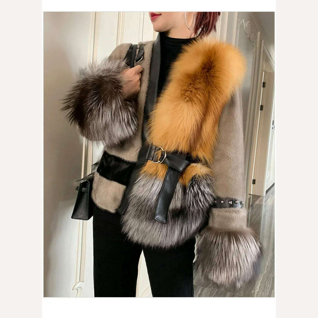 KIMLUD, Winter Fashion Lady Real Mink Fur Coat With Luxury Silver Fox Fur On The Bottom Natural Red Saga Fox Fur Coats, KIMLUD Women's Clothes