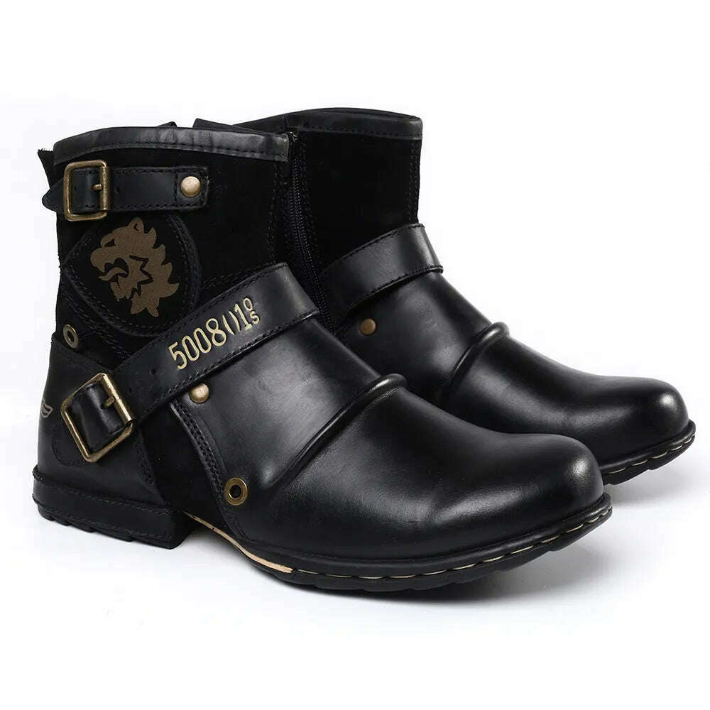 KIMLUD, WInter Fashion Men's Shoes Boots Warm Leather Vintage Motorcycle Male Boots Riding Retro 2023 Metal Style Zippers Men's Shoes, KIMLUD Womens Clothes