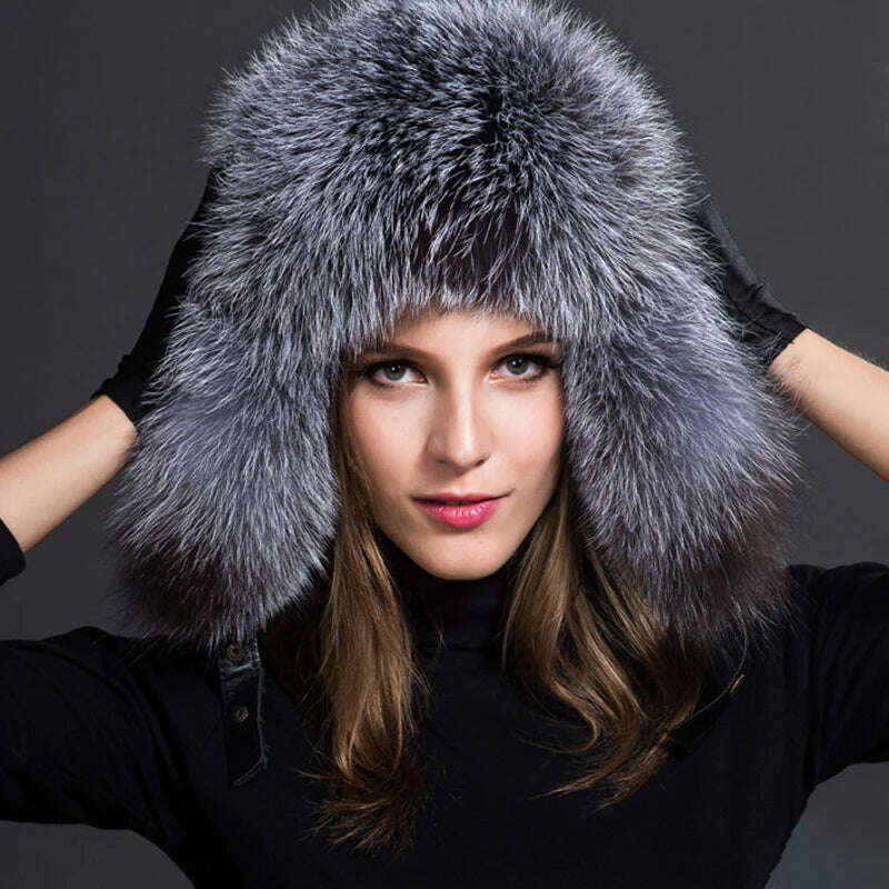 KIMLUD, Winter Fur Hat Real Raccoon Fur Hat Natural Fur Bomber Hat With Ear Flaps For Women Skiing Hat Outdoor Earflap Hat Thick Fur Hat, KIMLUD Women's Clothes