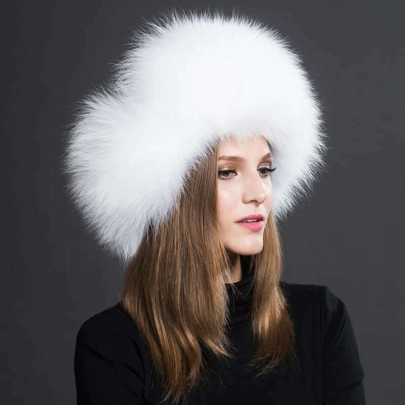 KIMLUD, Winter Fur Hat Real Raccoon Fur Hat Natural Fur Bomber Hat With Ear Flaps For Women Skiing Hat Outdoor Earflap Hat Thick Fur Hat, White, KIMLUD Women's Clothes